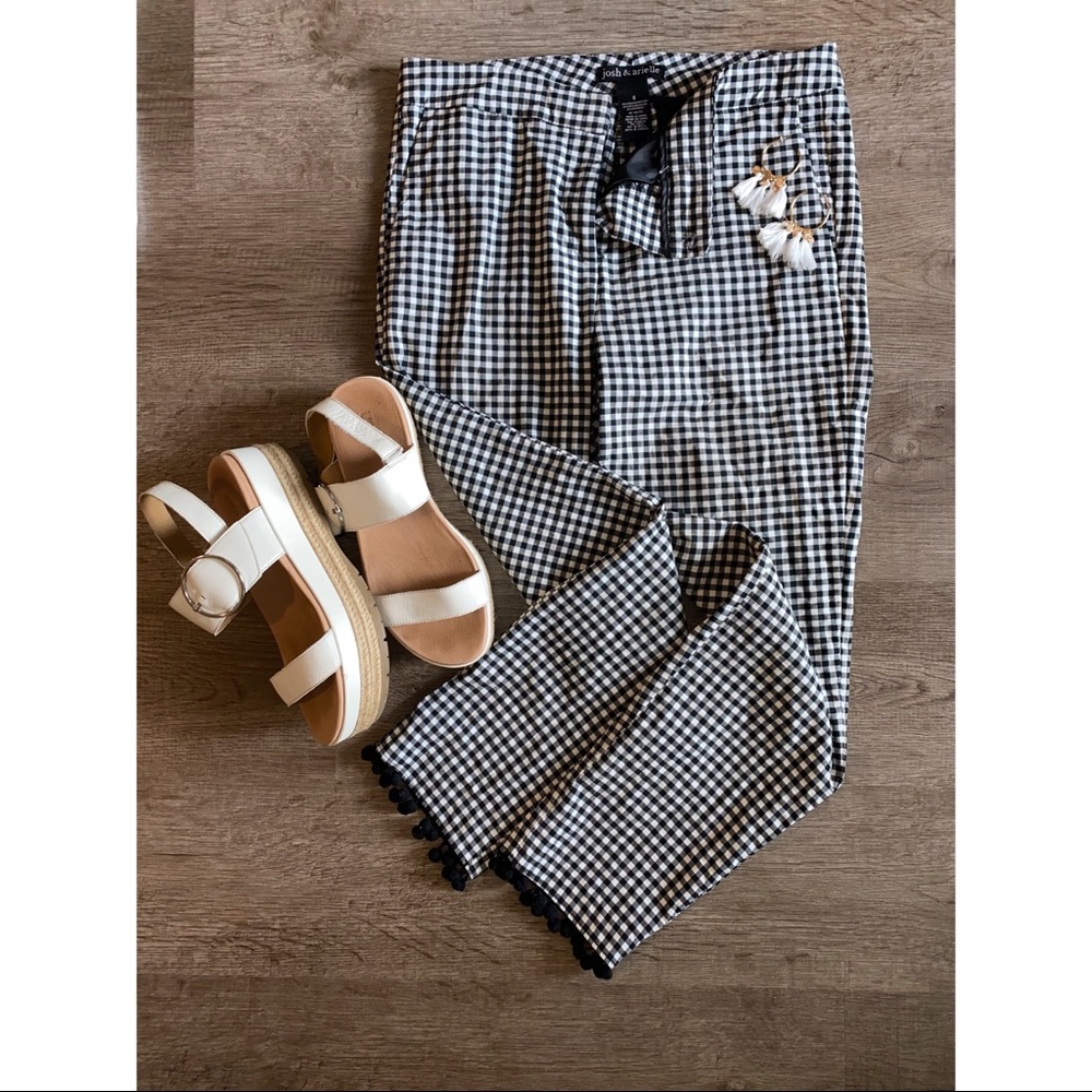 High-Waisted Checkered Dress Pants with Mini Pom-Poms